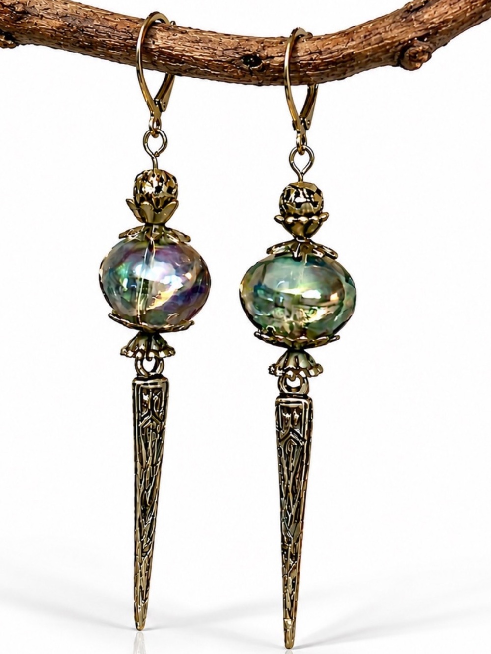 Iridescent Glass Spike Earrings, Bronze Boho Dangles, Long Artisan Statement